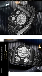 Close-up of industrial square men's watch with triple time zone and textured grey dial