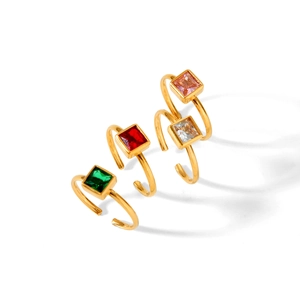 Detail of four-piece set adjustable rings with 18k gold plating and square colored zircons
