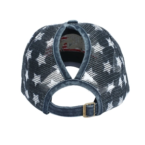 Denim ponytail baseball cap with white stars on mesh back and adjustable buckle
