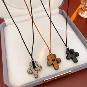 Vintage Flower Stone Pendant Necklace Adjustable Wax Cord Tiger Eye Obsidian Dalmatian Stone Long Sweater Chain For Women