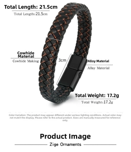Detail view of mens braided leather bracelet showing alloy magnetic clasp and size dimensions