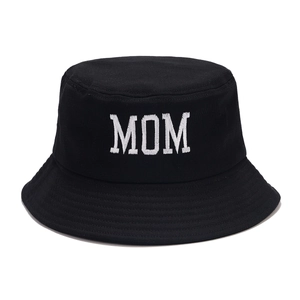 Classic black cotton bucket hat featuring white MOM embroidery on the front for summer