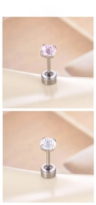 Detail view of 4mm zircon ear studs with round multifaceted pink and white stones
