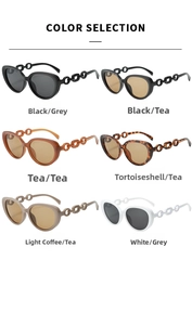 Details of chain-link temple sunglasses in various colors including tortoiseshell and white