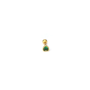 Macro shot of green heart zircon earring with gold milgrain edge and screw back ball