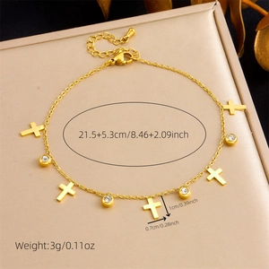 Gold stainless steel anklet with cubic zirconia tree of life and cross charms