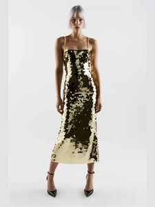 Elegant gold sequin slip dress for evening parties with shimmering metallic finish