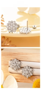 Detail of silver flower screw back earring with sparkling zircon crystal petals