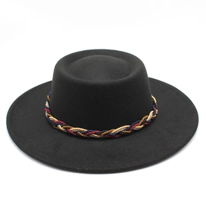 Classic black wool bolero hat with wide brim and colorful woven decorative band
