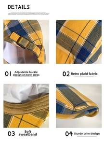 Vues détaillées de la casquette plate à carreaux vintage jaune avec boucle et tissu