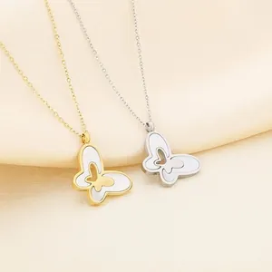 Butterfly Pendant Necklace Stainless Steel White Shell Inlay Double Layer Hollow Sweet Elegant Jewelry For Women