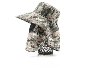 Side view of camo sun hat featuring breathable mesh mask and neck flap for full protection