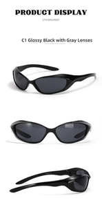 Detail view of Y2K square black sports sunglasses showing frame design and temple model Y2093
