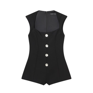 Sleeveless Romper With Rhinestone Buttons Black Slim Fit Elegant Socialite Short Jumpsuit For Women Party Wear