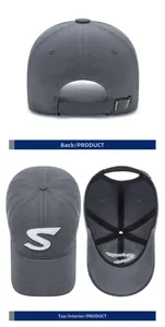 Detail view of gray baseball cap featuring white S embroidery and metal adjustment buckle
