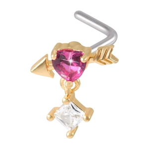 Golden heart nose stud with pink gemstone and dangling square crystal accent