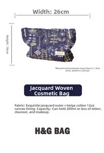 Detail of embroidered floral cosmetic bag showing size 26x18cm and jacquard fabric texture