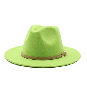 Detail of neon green wool jazz hat featuring brown leather belt with gold buckle