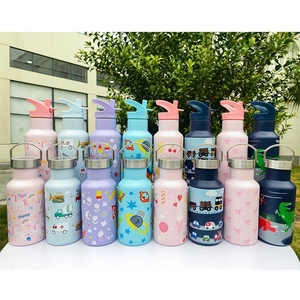 350ml double-wall stainless steel sports bottle with dual lid options and cartoon prints