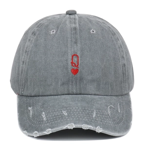 Vintage washed grey baseball cap with Queen of Hearts embroidery and distressed edges