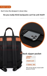 Detail of safe anti-theft hidden back pocket on a black backpack with leather handles