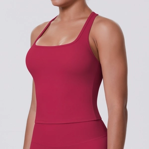 Close-up of a deep red racerback sports vest with square neckline and wide straps