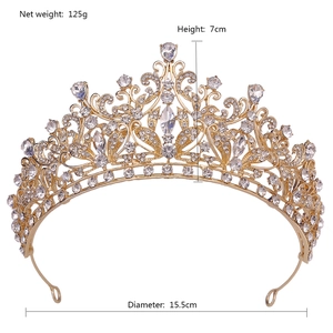 Golden bridal crown with crystals, dimensions 15.5cm diameter and 7cm height