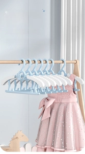 Adjustable kids clothing hanger for ages 0-18 shown with extensible wings design