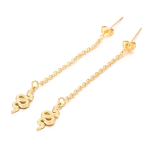 Detailed view of gold snake earrings featuring a textured pendant and delicate chain link