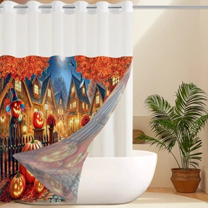 Macro shot of Halloween shower curtain featuring pumpkin and night cottage patterns