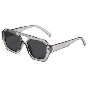 Irregular double bridge sunglasses with grey transparent frame and black lenses