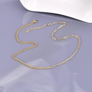 Asymmetric 18K gold plated stainless steel necklace with curb and paperclip chains