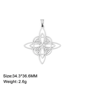 Stainless steel silver Witch's Knot pendant with Celtic design details, 34.3x36.6mm size