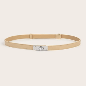 Close-up of beige thin belt featuring a silver twist lock buckle and cross-grain texture