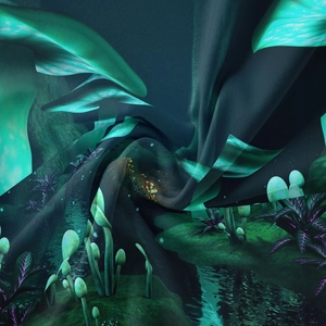 Close-up of surreal fantasy forest tapestry with glowing mushrooms and soft fabric texture