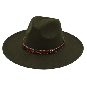 Close-up of olive green fedora with decorative metal feather and ethnic beadwork