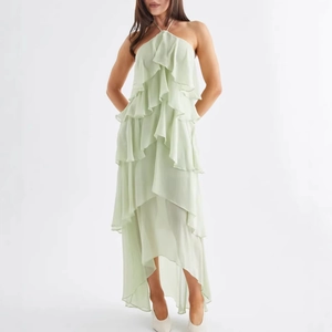 Halterneck Tiered Maxi Dress Chiffon Feel Polyester Ruffled Irregular Hem Sleeveless High Waist Elegant Summer Vacation