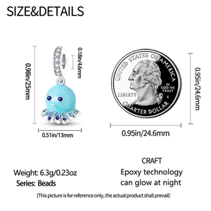 Luminous blue octopus charm detail showing 25x13mm size and glow-in-the-dark features