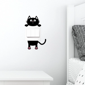 Cute black cat cartoon wall sticker peeking over a triple light switch panel decoration