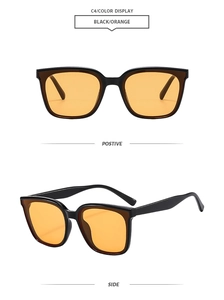 Détails de lunettes de soleil carrées noires avec verres orange sous deux angles de vue