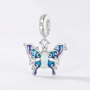 925 Sterling Zilver Lichtgevende Vlinder Hanger Glow In The Dark Blauw Paars Emaille Zirkoon Bedeltje Voor Ketting DIY Sieraden