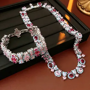 Bijoux Vintage Collier Et Bracelet Cuivre Zircon Pierres Colorées Style Palais Luxe Accessoires Géométriques Pour Femmes