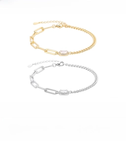 Detailed technical view of 925 silver bracelet with rectangle CZ stone and chain specs