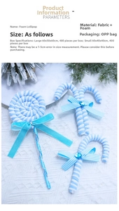 Close-up of blue and white striped foam lollipop and candy cane Christmas ornaments