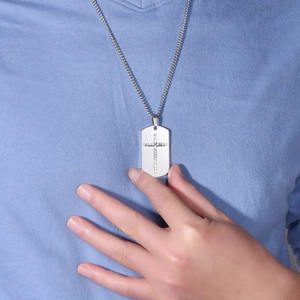 Men's silver stainless steel military tag pendant necklace with crystal cross