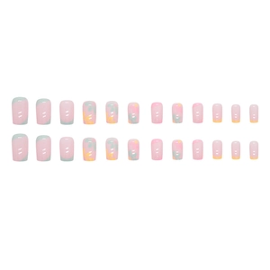 Pink and green floral press-on nails with yellow flower patterns, 24 piece set
