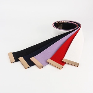 Detail showing elastic woven belts in five colors with golden rectangular metal buckles