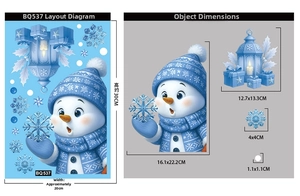 Size chart showing blue Christmas snowman and lantern static stickers, 20x30cm layout