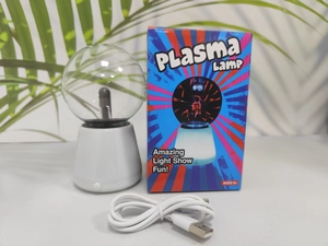Lámpara de plasma de 3 pulgadas con base blanca y cable USB en caja de colores