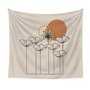 Tapisserie murale bohème avec fleurs minimalistes et soleil orange sur fond beige